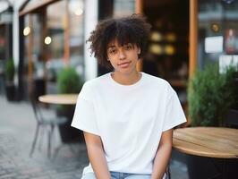 ai generado atractivo joven mujer vistiendo blanco vacío demasiado grande blanco camiseta Bosquejo para diseño modelo foto