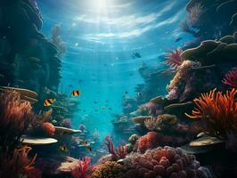 AI generated Underwater diving scene with natural sea life in the reef photo