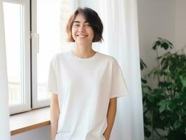 ai generado atractivo joven mujer vistiendo blanco vacío demasiado grande blanco camiseta Bosquejo para diseño modelo foto