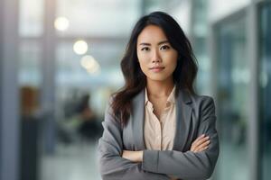 AI generated Attractive manager asian businesswoman CEO confident standing in front of modern office photo
