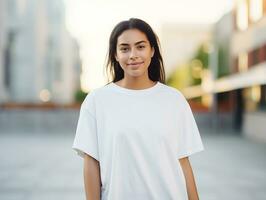 ai generado atractivo joven mujer vistiendo blanco vacío demasiado grande blanco camiseta Bosquejo para diseño modelo foto