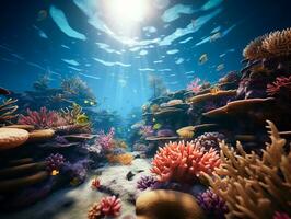 AI generated Underwater diving scene with natural sea life in the reef photo