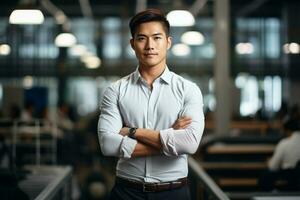 ai generado atractivo gerente asiático empresario CEO confidente en pie en frente de moderno oficina foto