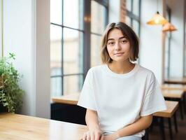 ai generado atractivo joven mujer vistiendo blanco vacío demasiado grande blanco camiseta Bosquejo para diseño modelo foto