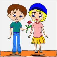 Vector color drawing in doodle style of a boy giving flowers to a girl