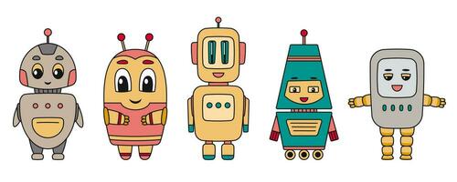 Cute Robots characters. Chatbots, AI bots mascots, digital cyborgs, futuristic technology service. Comic elements in trendy retro cartoon style. Vector illustration