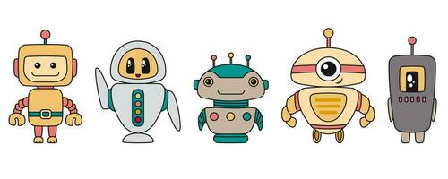 Cute Robots characters. Chatbots, AI bots mascots, digital cyborgs, futuristic technology service. Comic elements in trendy retro cartoon style. Vector illustration