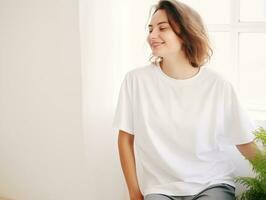 ai generado atractivo joven mujer vistiendo blanco vacío demasiado grande blanco camiseta Bosquejo para diseño modelo foto