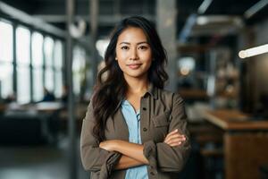 AI generated Attractive manager asian businesswoman CEO confident standing in front of modern office photo