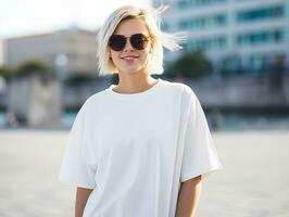 ai generado atractivo joven mujer vistiendo blanco vacío demasiado grande blanco camiseta Bosquejo para diseño modelo foto