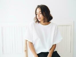 AI generated Attractive young woman wearing blank empty oversize white t-shirt mockup for design template photo