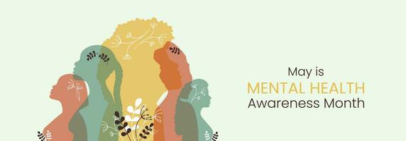 May is Mental Health Awareness month Banner. Horizontal design with people silhouette in flat style. Informing, reminding about importance of good state of mind. Psychological well-being presentation. vector