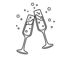 Two Champagne glasses with bubbles. A pair of glasses of sparkling wine as a symbol of Wedding, Christmas, New Year, Anniversary. Isolated Vector illustration.