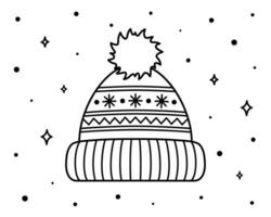 Winter knitted hat with pompom and ornament. Single Christmas element for label, gift, greeting card. Isolated vector illustration.