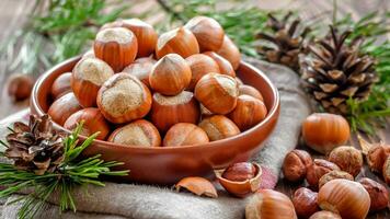 Organic Brown Hazelnuts. Delicious Healthy Nuts, Concept for Design. Gourmet Ingredients for Culinary Creations, Autumn Harvest Snack photo