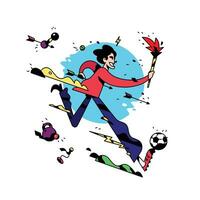 A cartoon character is running with a torch. Vector illustration. The office employee is running. Sport games. Illustration for a website or print.  Mascot.