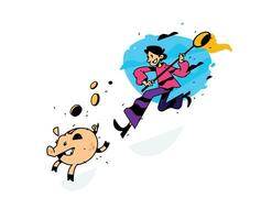 Illustration of a man running after a piggy bank with a net. Vector illustration. Image is isolated on white background. Earnings on bank deposits. Investment of money. In pursuit of profit.