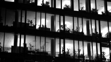 Pattern of office buildings windows illuminated at night. Glass architecture ,corporate building at night - business concept. Black and white. photo