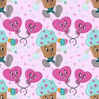 Seamless pattern with cupcakes and balloons in the form of hearts. Cartoon characters in retro style of the 50s, 60s. Vector illustration for Valentine's Day. Characters in love.