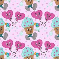 Seamless pattern with cupcakes and balloons in the form of hearts. Cartoon characters in retro style of the 50s, 60s. Vector illustration for Valentine's Day. Characters in love.