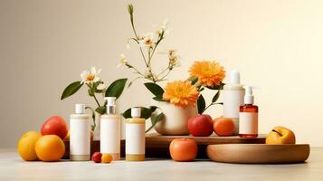 AI generated Cosmetic product arranged with flowers and fruits isolated on light brown background photo