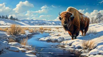 AI generated American buffalo covered with snow and frost  standing in river photo