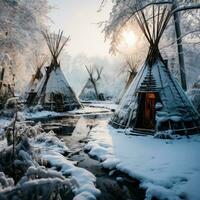 AI generated Native american tee pee village with water in snowy forest photo