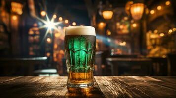 ai generado vaso con verde cerveza dentro en pub mostrador foto