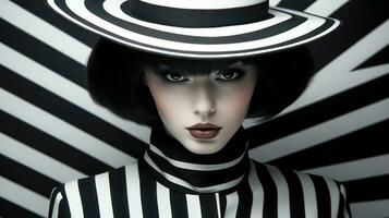 AI generated Beautiful brunette portrait with hat in black and white fashion style photo