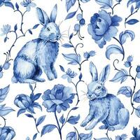 vintage seamless pattern with Easter bunnies and blue flowers, watercolor drawing in vintage style. vector