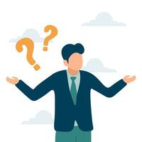 Business doubt choice, make decision on work direction, choose career path or option or alternative concept, doubtful businessman choosing choice and pointing her finger to left and right direction vector