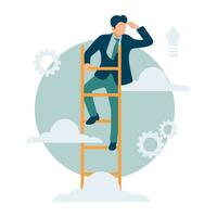 Ladder of success, vision to lead business to achieve goal or opportunity in career concept, smart confident businessman leader climb up to reach top of ladder high in the sky look forward to future vector