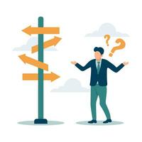 Business decision making, career path, work direction or leadership to choose the right way to success concept, confusing businessman manager looking at multiple road sign and thinking which way to go vector