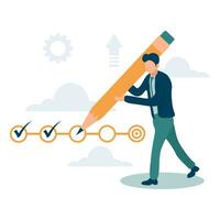 Project tracking, goal tracker, task completion or checklist to remind project progress concept, businessman project manager holding big pencil to check completed tasks in project management timeline vector