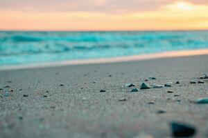 Relaxing Mediterranean beach summer panoramic photo. Waves surf with amazing blue sea shore photo