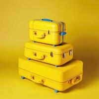 AI generated set of yellow travel suitcases. vacation journey concept, Time to travel photo