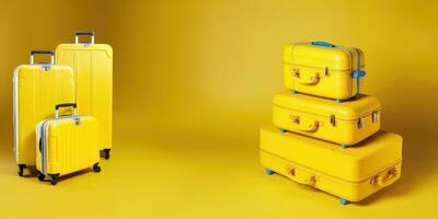 AI generated set of yellow travel suitcases. vacation journey concept, Time to travel photo