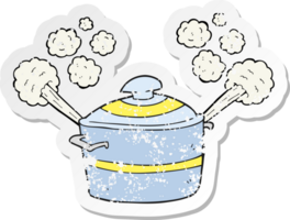 retro distressed sticker of a cartoon steaming cooking pot png