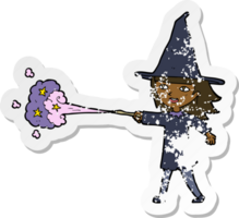 retro distressed sticker of a cartoon witch girl casting spell png