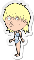 sticker of a cartoon woman in swimsuit shrugging shoulders png