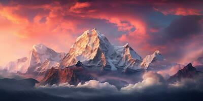 AI generated Snow mountain in sunrise moment photo