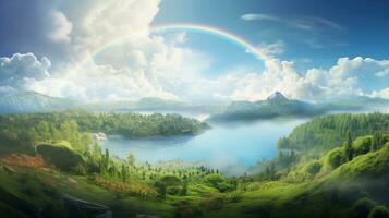 AI generated A peaceful landscape meadow field with rainbow in the sky photo