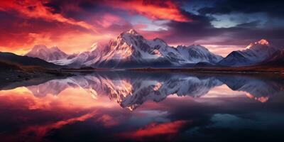 ai generado nieve montaña en amanecer momento foto