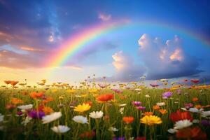 ai generado un pacífico paisaje prado campo con arco iris en el cielo foto