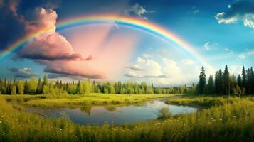 ai generado un pacífico paisaje prado campo con arco iris en el cielo foto