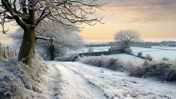 AI generated Scene of countryside covered with snow photo