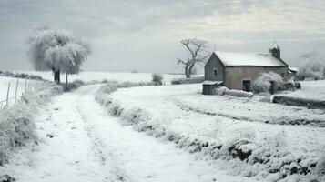 AI generated Scene of countryside covered with snow photo