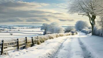 AI generated Scene of countryside covered with snow photo