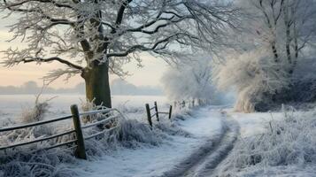 AI generated Scene of countryside covered with snow photo