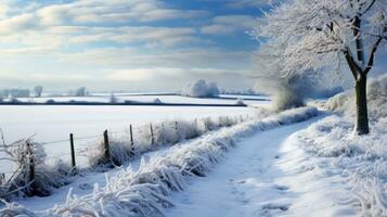 AI generated Scene of countryside covered with snow photo